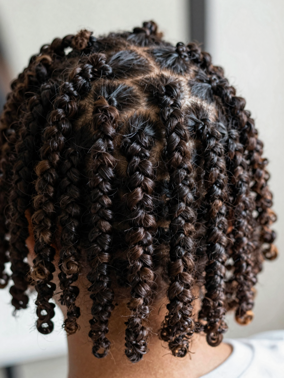 Close-up of a single tightly wrapped Bantu knot secured at the base