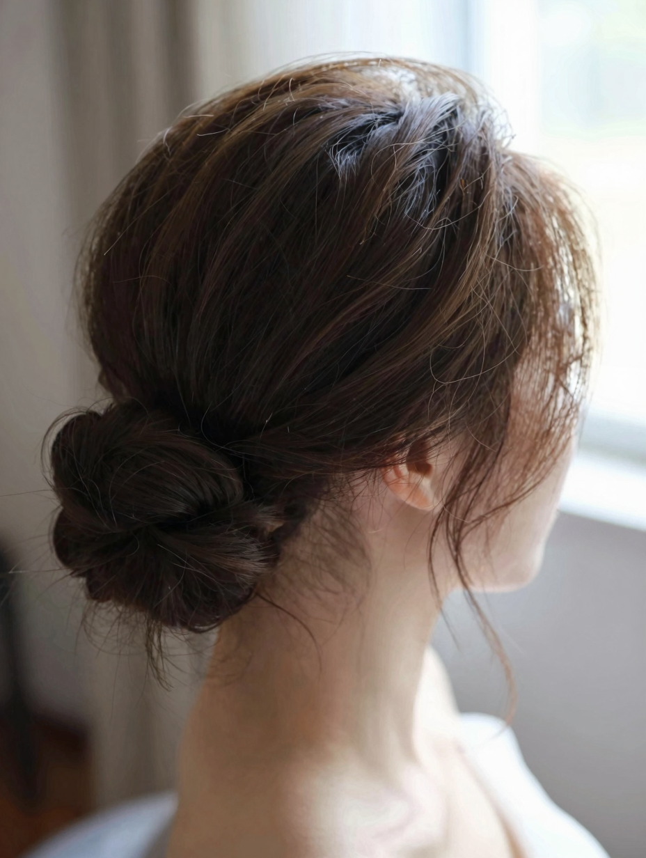 Close-up of a wrapped bridal bun secured with bobby pins around the base