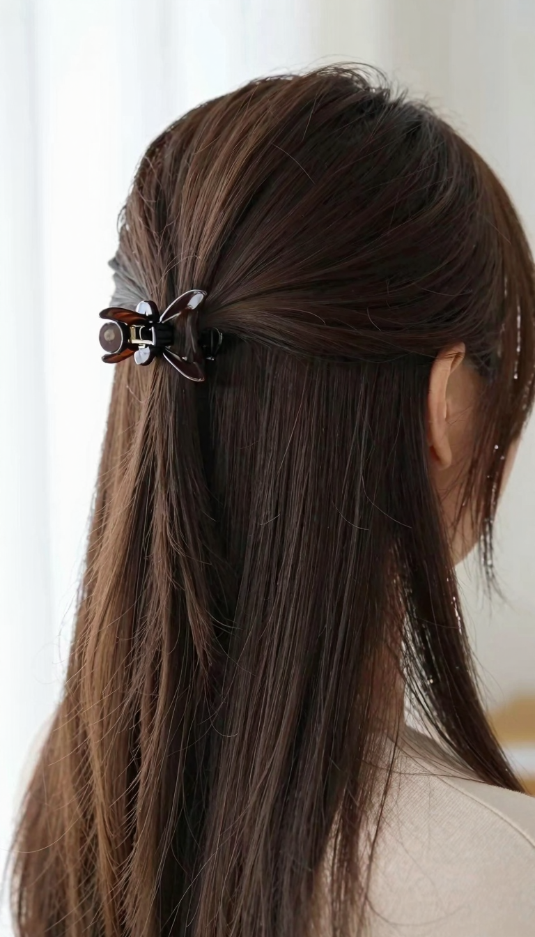 Claw clip updo hairstyle, side profile view