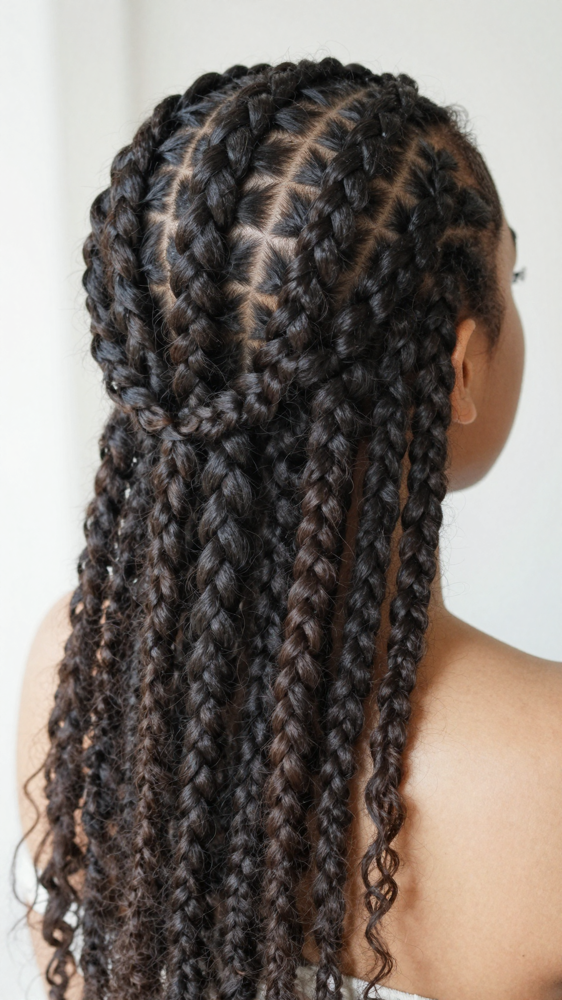 Finished cornrow braids hairstyle, back view showing clean straight rows