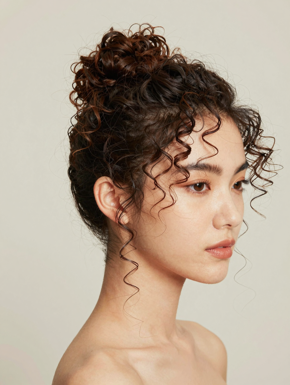 Curly bun updo with volume and defined curl texture around the crown