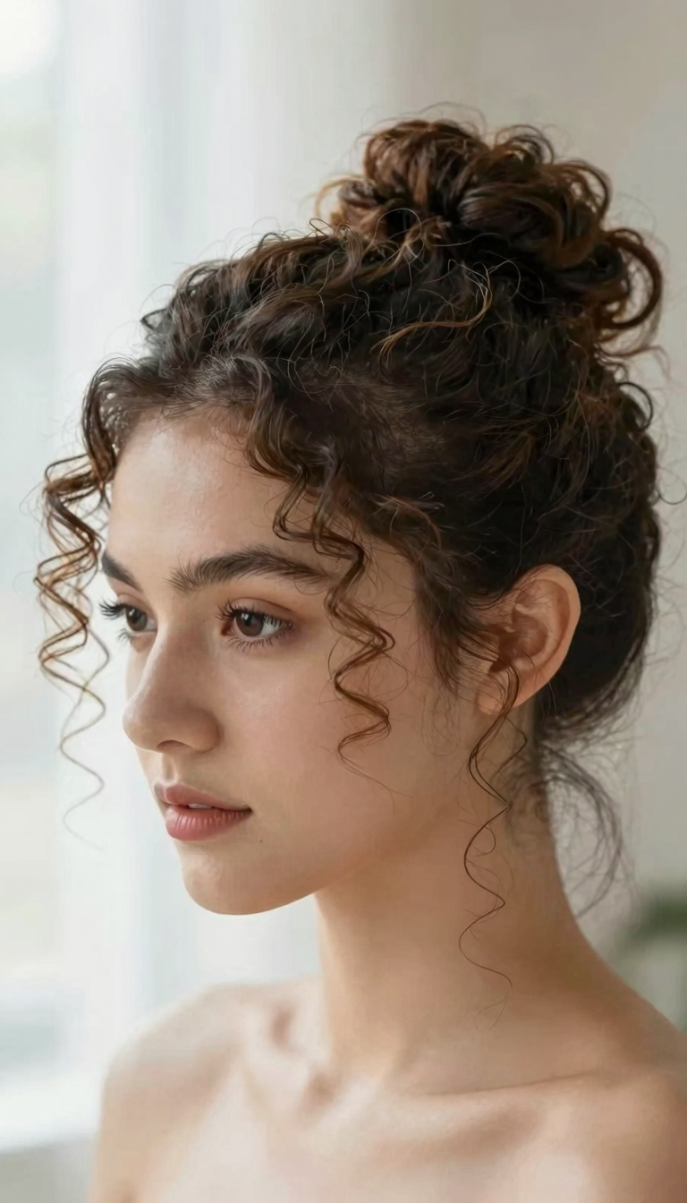 Curly bun hairstyle, front view with face-framing curls