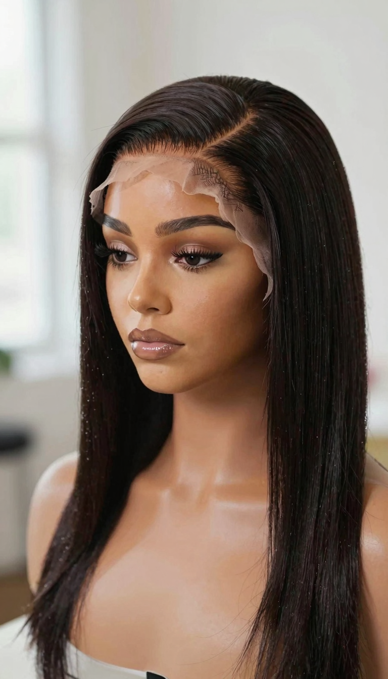 Frontal wig hairstyle, front-facing view with natural hairline