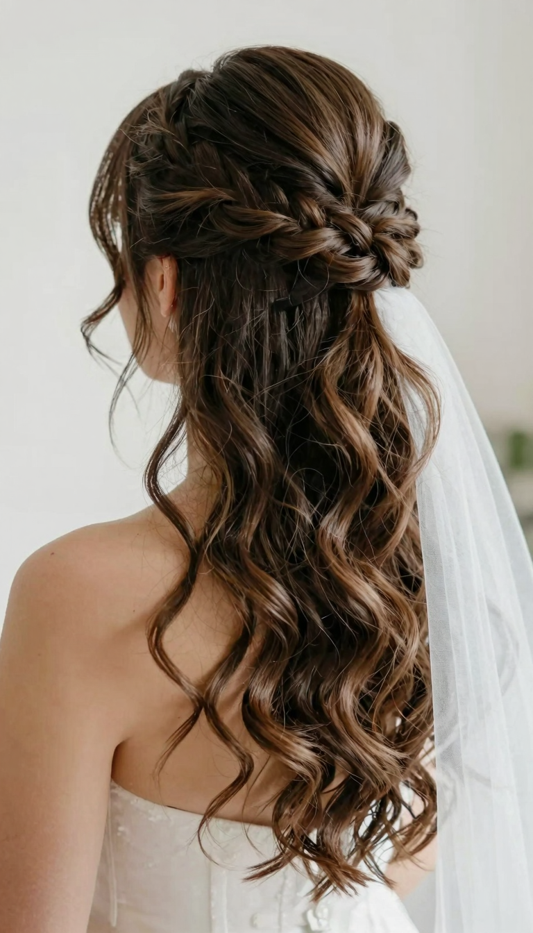 Half-up half-down wedding hairstyle, back view showing the braided crown