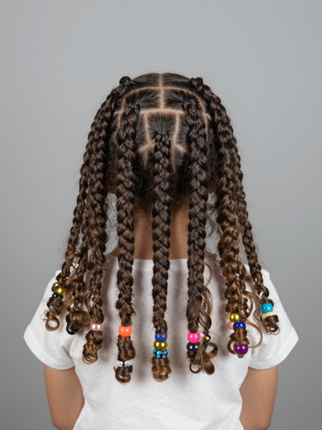 Simple wide cornrow hairstyle on a child, styled with beads at the ends