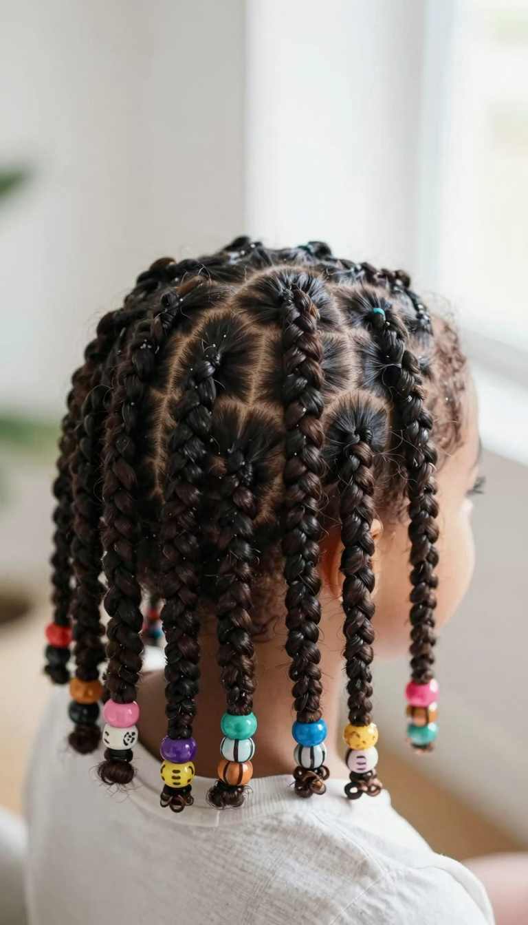 Kids cornrow hairstyle, back view with colorful beads