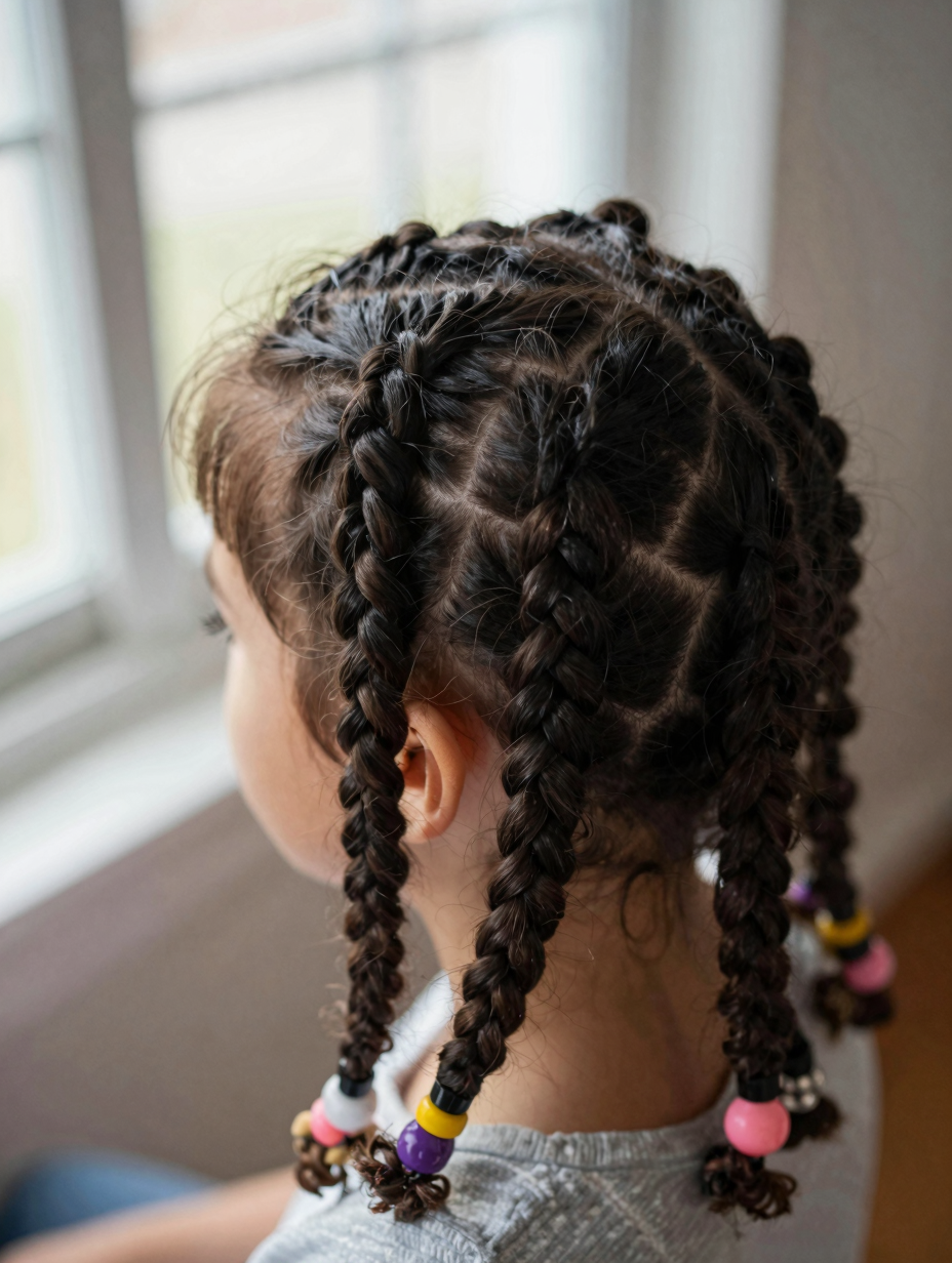 Close-up of a wide, gently tensioned cornrow row on a child's hair