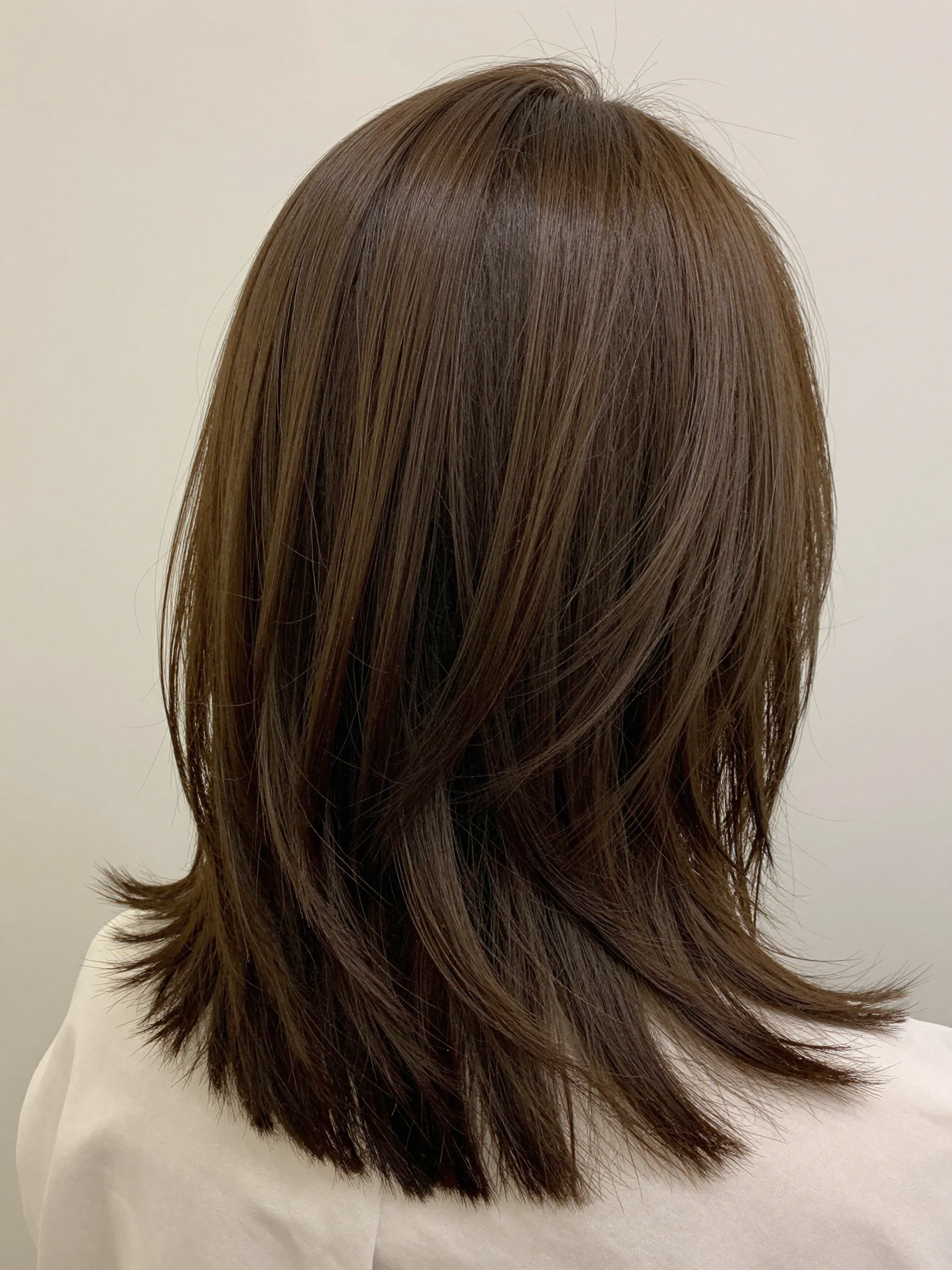 Layered bob haircut styled with volume at the roots and soft ends