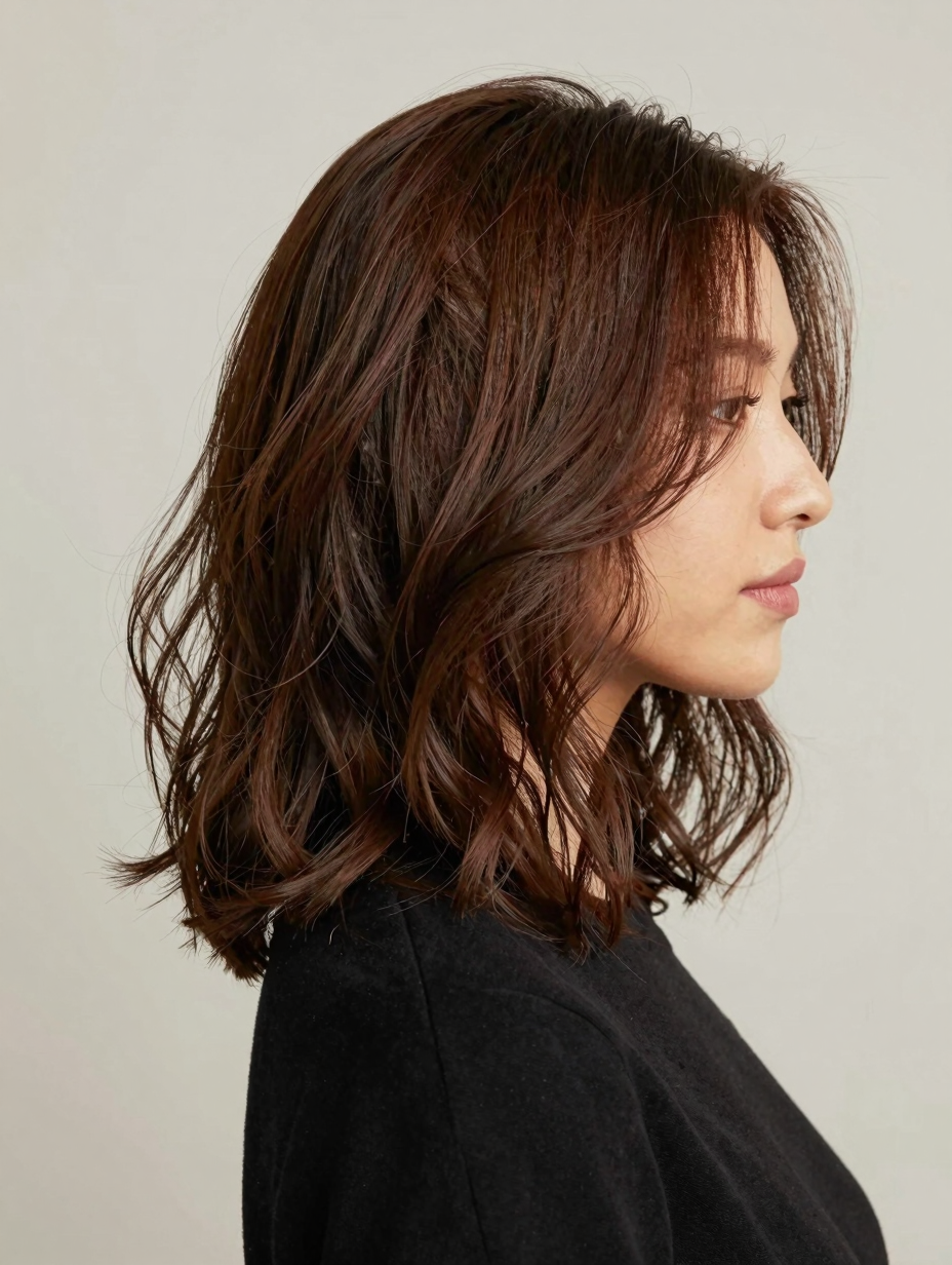 Long bob (lob) haircut styled with soft S-wave curls