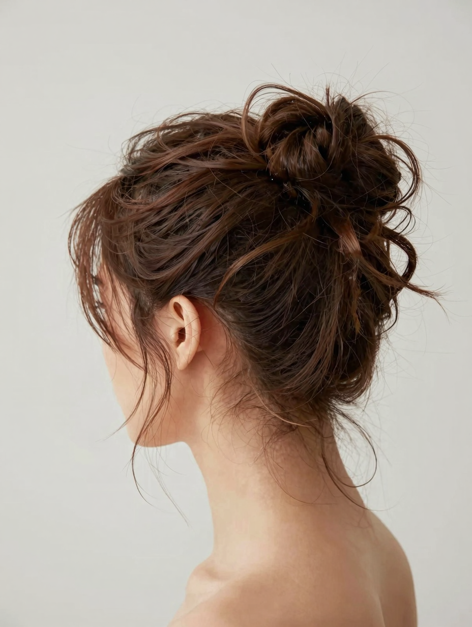 Messy updo bun hairstyle with loose texture and soft face-framing pieces
