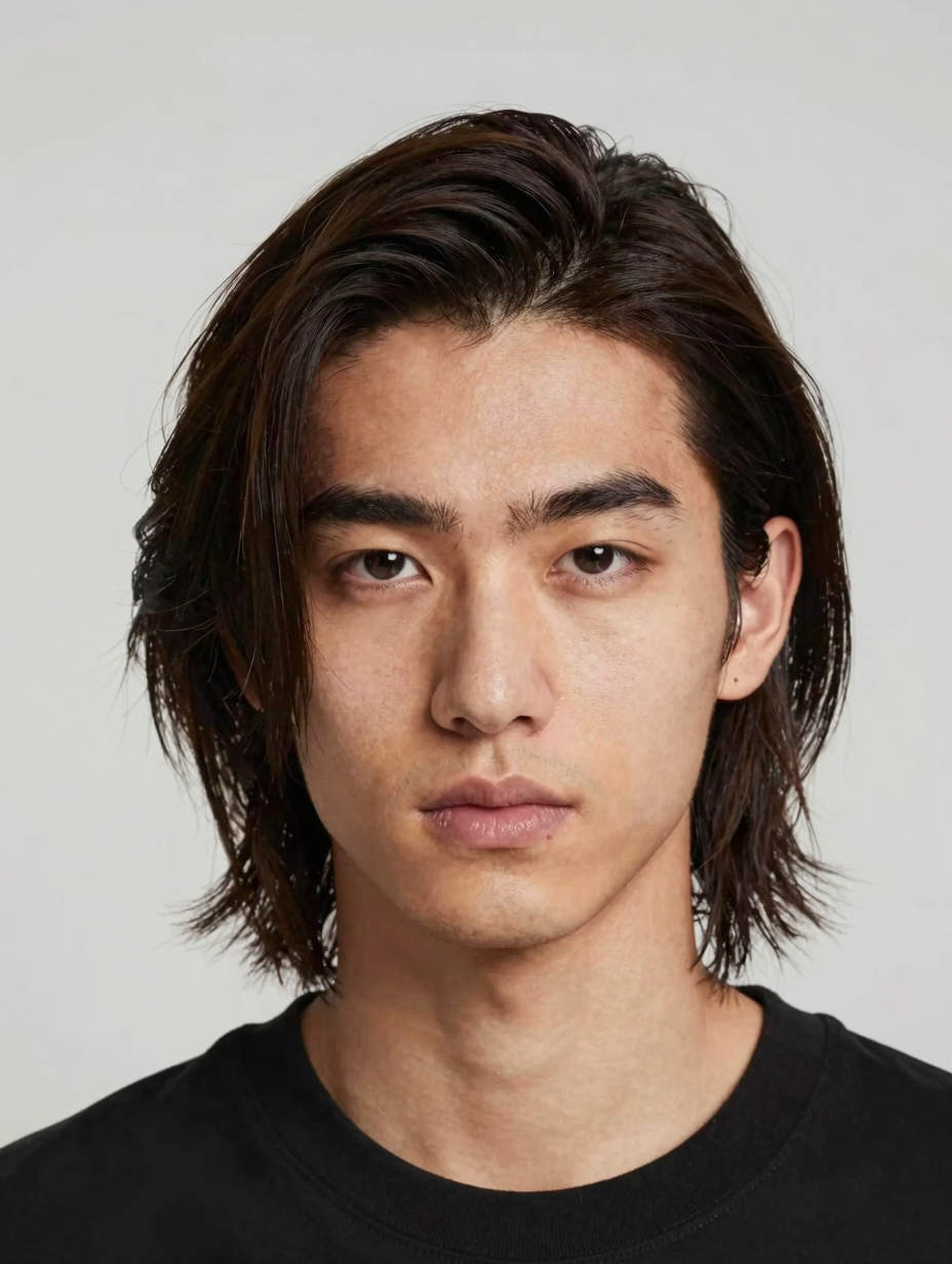 Men's middle part hairstyle with matte texture and soft part line