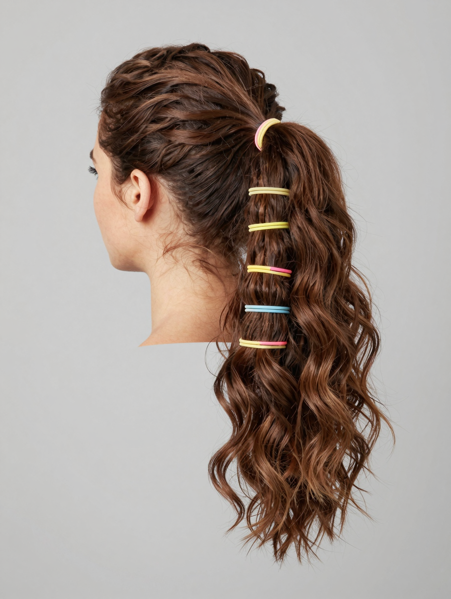 Rubber band stretched ponytail on natural coily hair with several bands stacked down the length