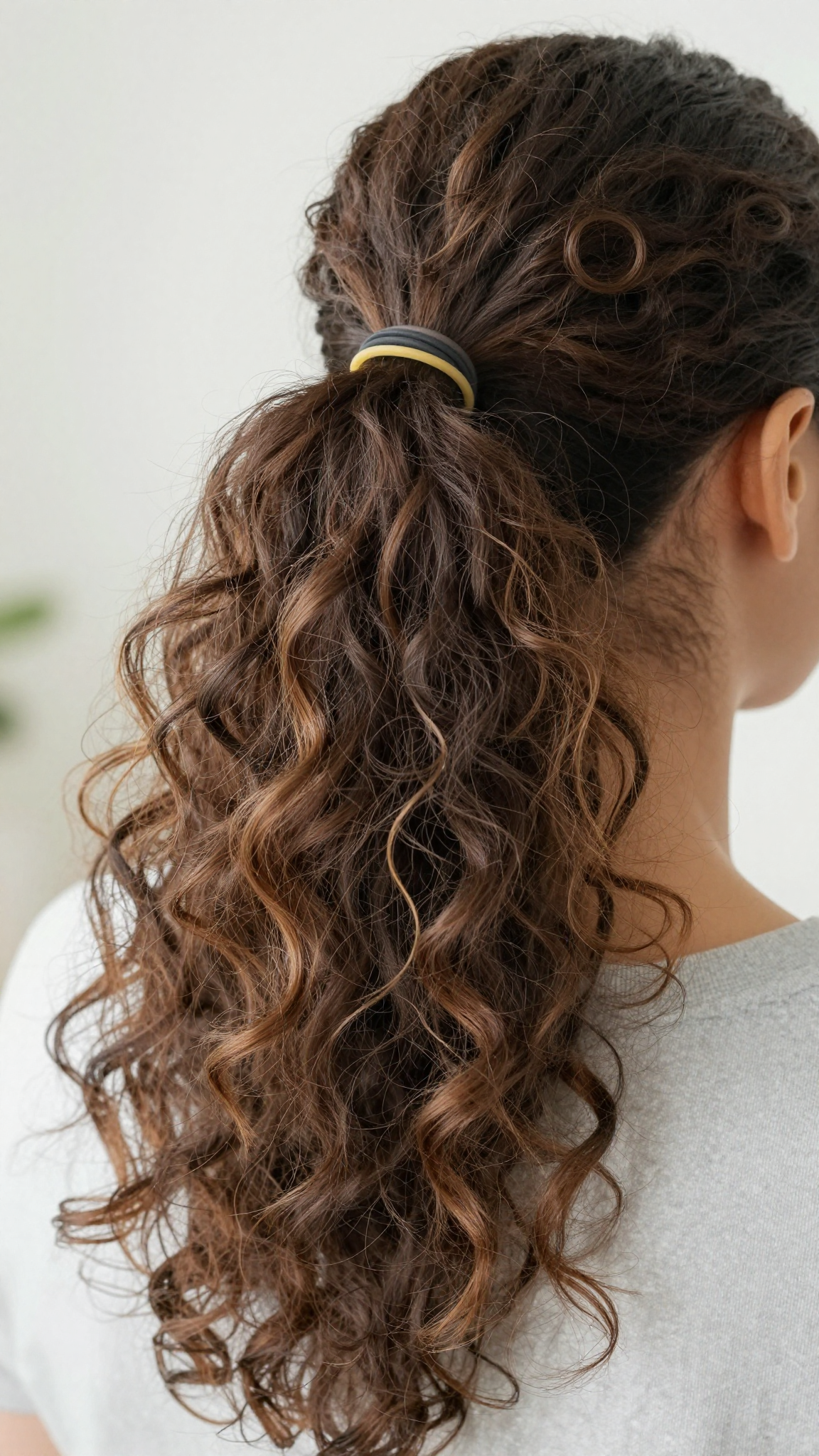 Rubber band ponytail hairstyle, side view with beads at the end