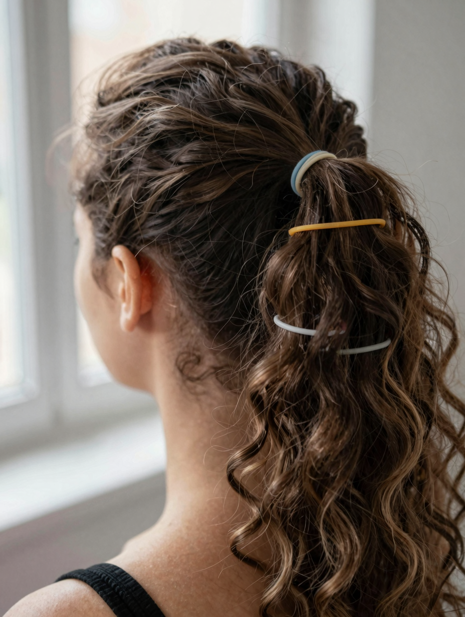 Close-up of a single elastic band section showing gentle stretch of natural curl pattern
