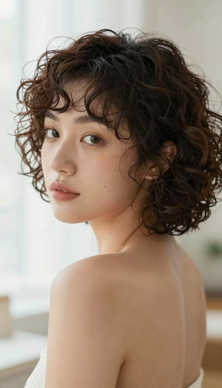 Short curly hairstyle, three-quarter angle showing curl clumping