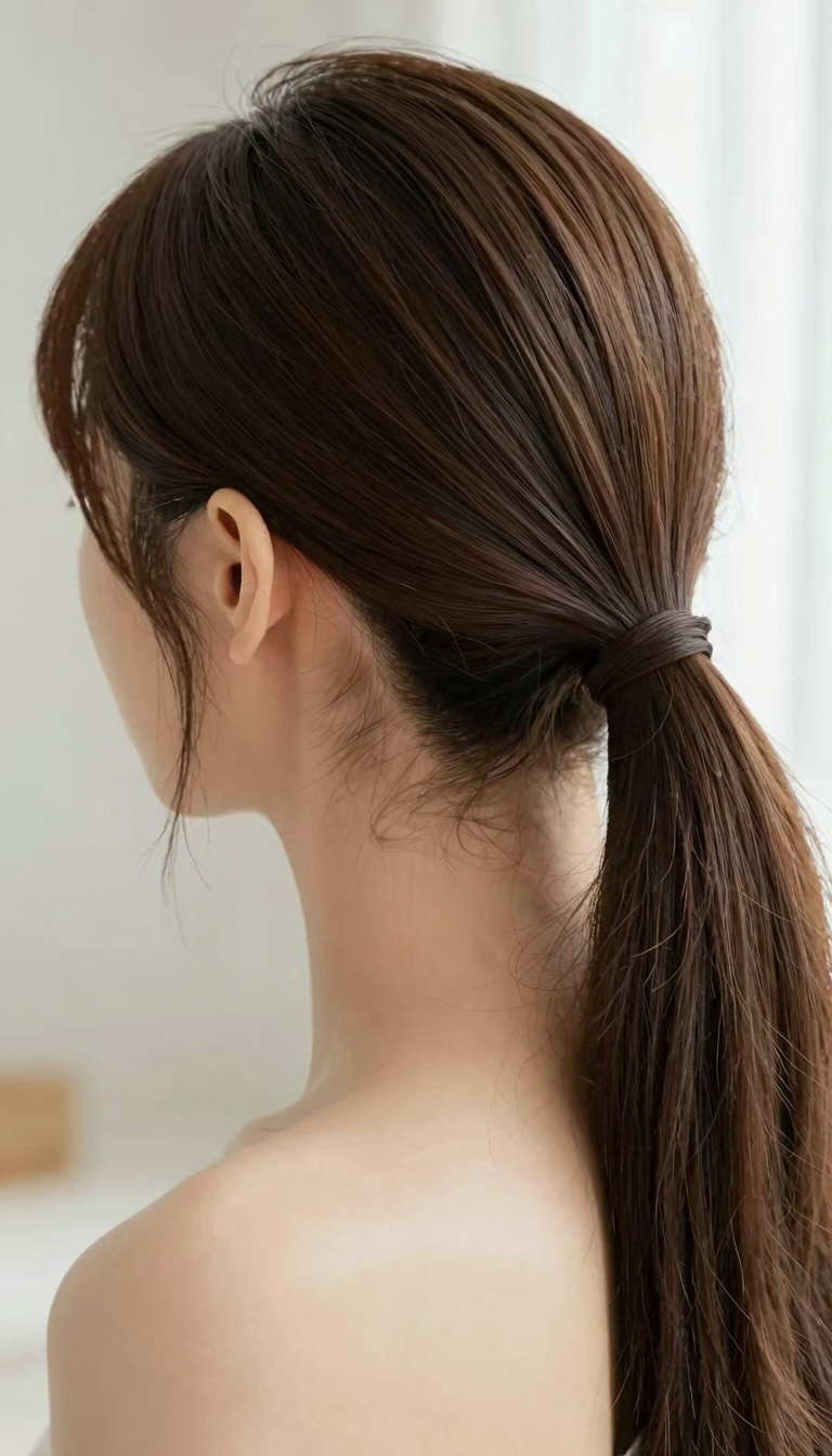 Sleek low ponytail hairstyle, back view