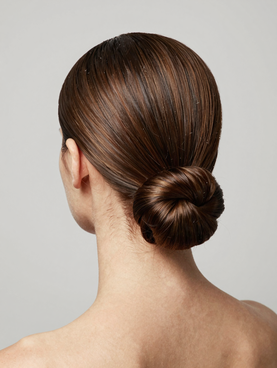 Sleek slicked-back bun hairstyle with smooth, flyaway-free finish