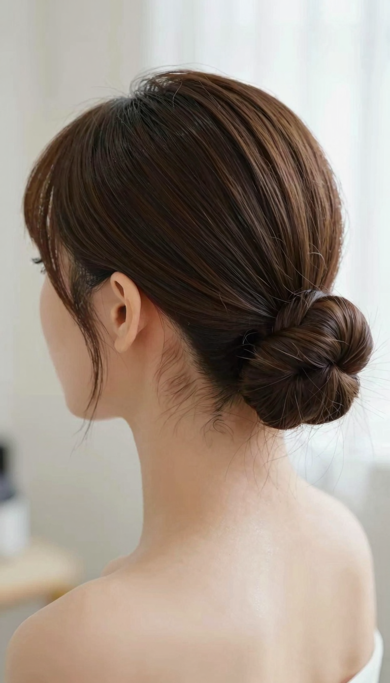 Slicked-back bun hairstyle, side profile view