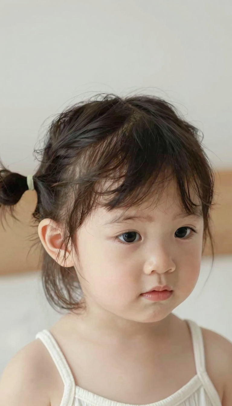 Toddler girl hairstyle, front view with two low puffs