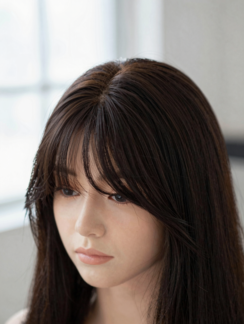 Close-up of the swooped section blending into a deep side part on a wig